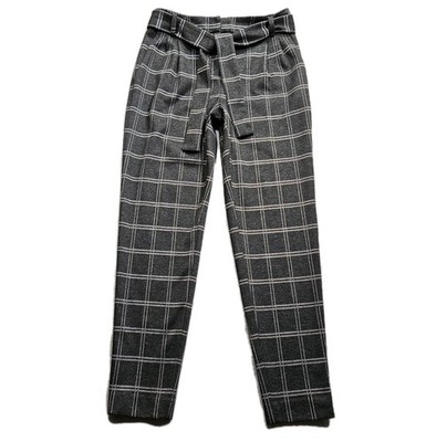 Calvin Klein Pixie Pants Womens 4P Petite Dark Gray Window Pane Plaid Tie Waist