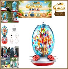 Hand Blown Glass Hummingbird Feeder 27 oz Blue Fireworks Hanging Outdoor Garden
