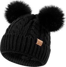Women's Winter Hat Soft Knit Beanie with Faux Fur Pom Hat with Warm Black