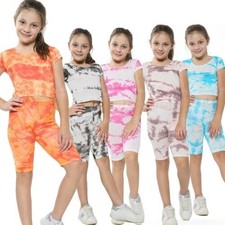 Kids Tie Dye Crop Top Cycling Shorts Set Active Wear Girls Boys Age 5-13 years