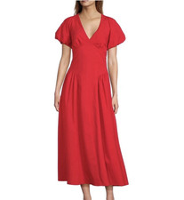 Antonio Melani Red Solid V-Neck Flutter Sleeve A-Line Ruffle Midi Dress 8