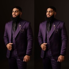 Purple Men's Suits Peak Lapel Formal Business Wedding Tuxedo Party Prom 3Pieces