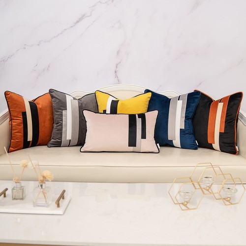 Burnt Orange Decorative Velvet Throw Pillow Cover Striped Patchwork Cushion C... - 第 7/7 張圖片