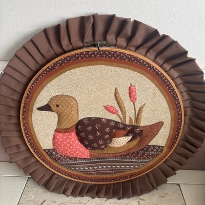 Vtg Quilted Duck Embroidery Hoop Wall Hanging Folk Art Lace Cottagecore Decor