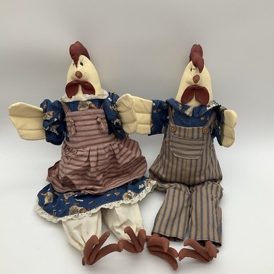 Vintage Fabric Chickens In Clothes Handmade Dolls Mr & Mrs Couple Dangling Legs