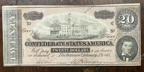 The Confederate States of America $20 1864 Richmond CSA Bank Note Bill