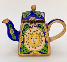Greenbrier International Miniature Enameled Tea Pot Hinged Trinket Box Rare