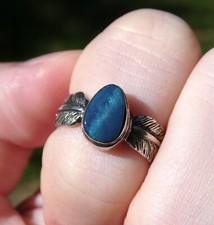 Southwestern Sterling Silver Blue Opal Feather Design Band Ring 925 Size 6 3.2g