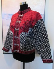 NORLAENDER Norway Nordic Red Snowflake Fair-Isle Wool Cardigan Sweater S