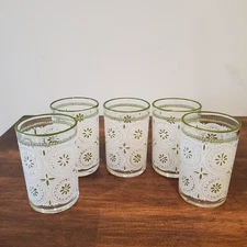 Set Of 5 Libbey Juice Glass White Lace Pattern Floral Green Trim 6 Oz
