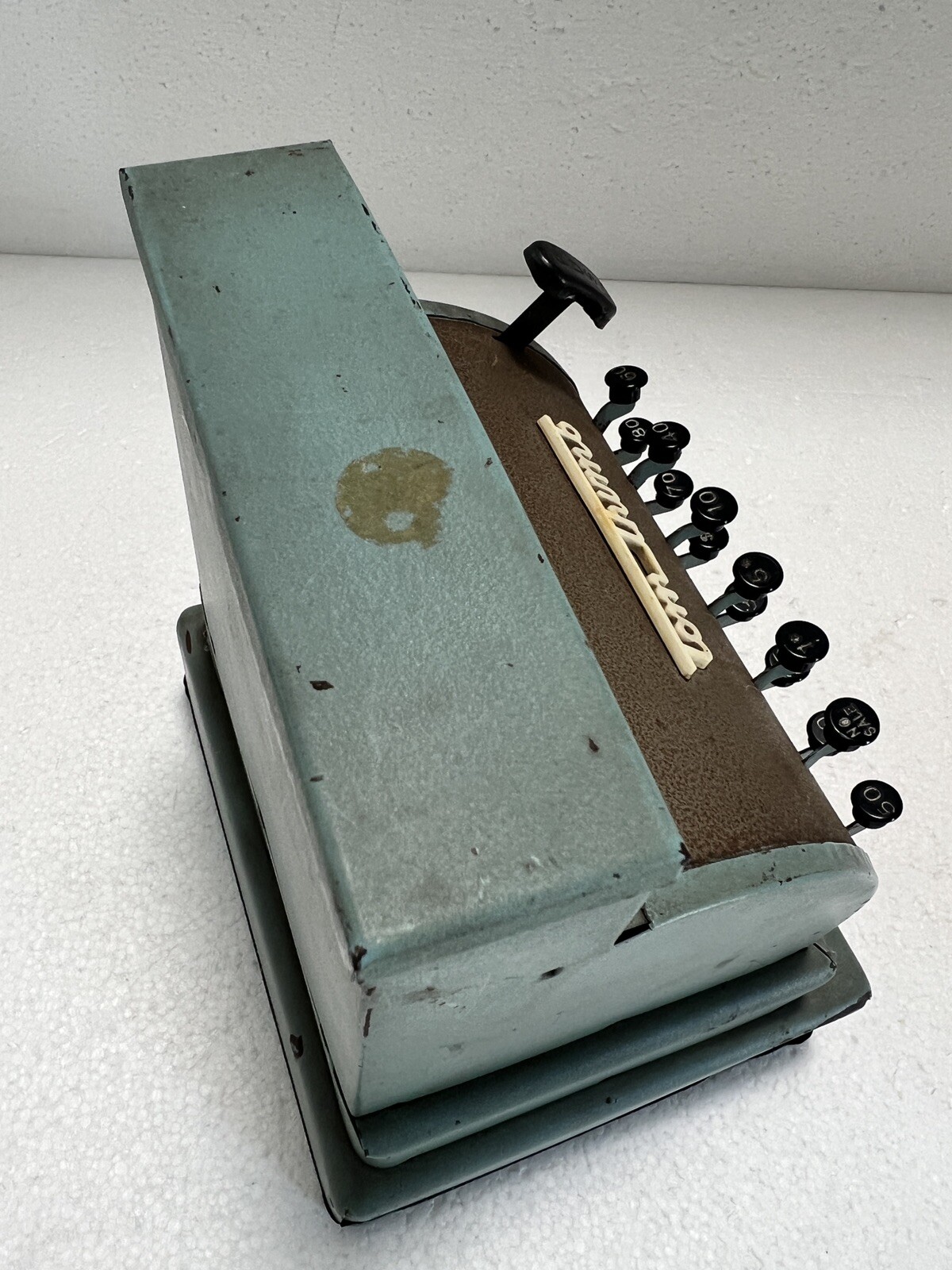 как выглядит Tom Thumb Vintage Metal Cash Register Toy Western Stamping Blue Green Working фото