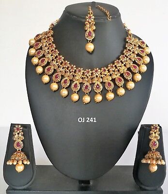 Indian Jewelry Wedding Bridal Fashion Kundan Crystal Necklace Earring Set OJ 241 