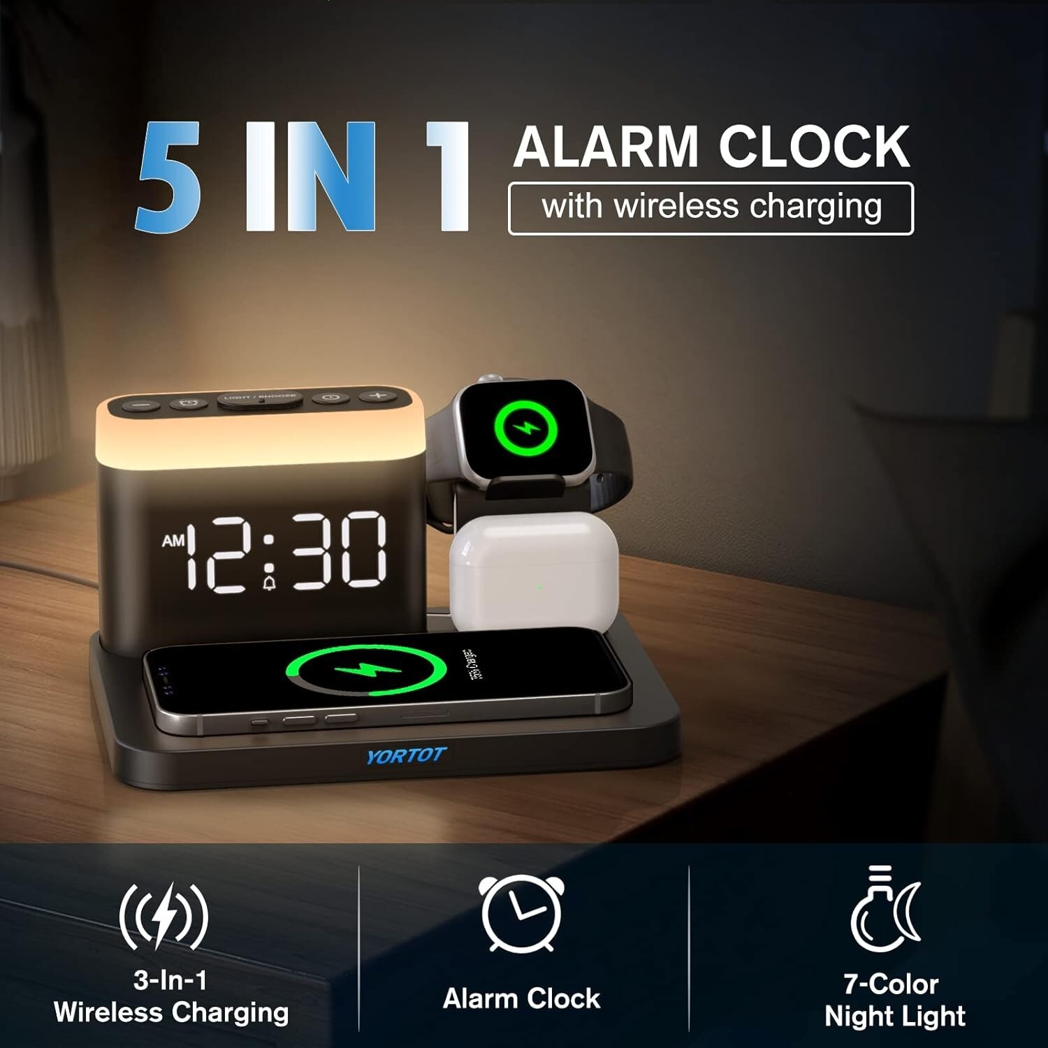 Wireless Charging Station-5 in 1 Wireless Charger Stand with Alarm Clock, 7 Nigh-image