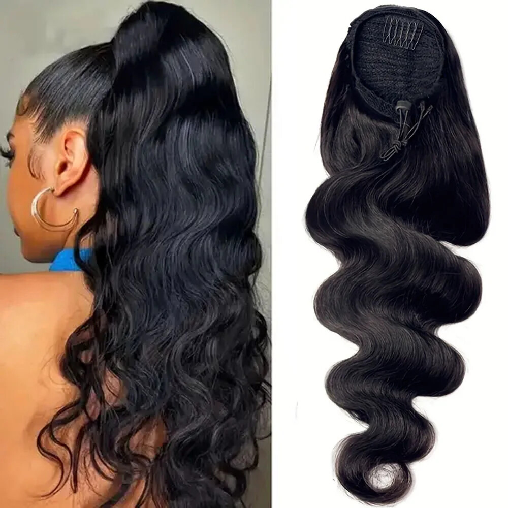Body Wave Drawstring Ponytail Brazilian Remy Human Hair Clip 