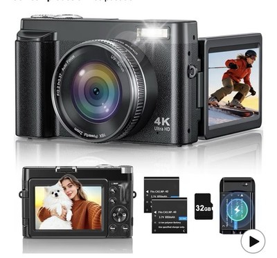 Black Compact Digital Camera 4K Ultra HD 16x Zoom Articulating Screen f/2.2