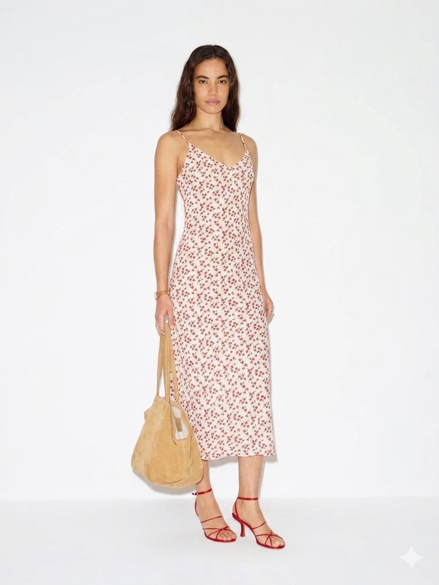 Reformation Red White Floral V-Neck Midi Slip Dress Size 12 Made in USA