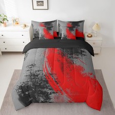 Red Grey Black 7 Piece Bedding Set Twin Size Kids Abstract Bed Set Includes C...
