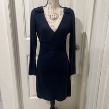 Tibi Women’s Ruched Long Sleeve Navy Knee Length V Neck Wool Blend Dress Size M