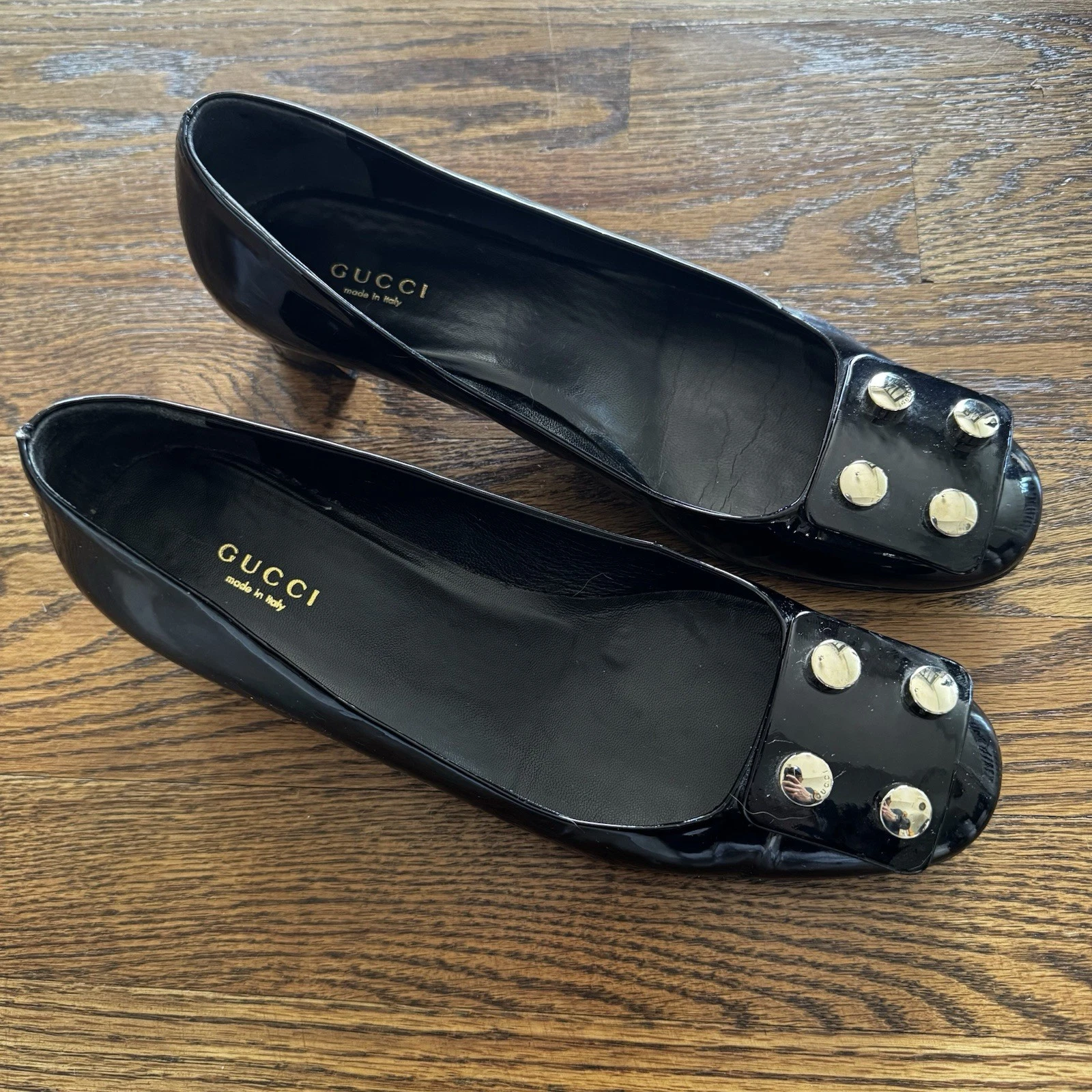 Chaussures à talons compensés authentiques GUCCI cuir verni noir pointure 38,5 argent quincaillerie