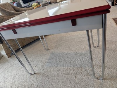 30s/40s Enamel Top Kitchen Table Red & White Porcelain Drop Leaf