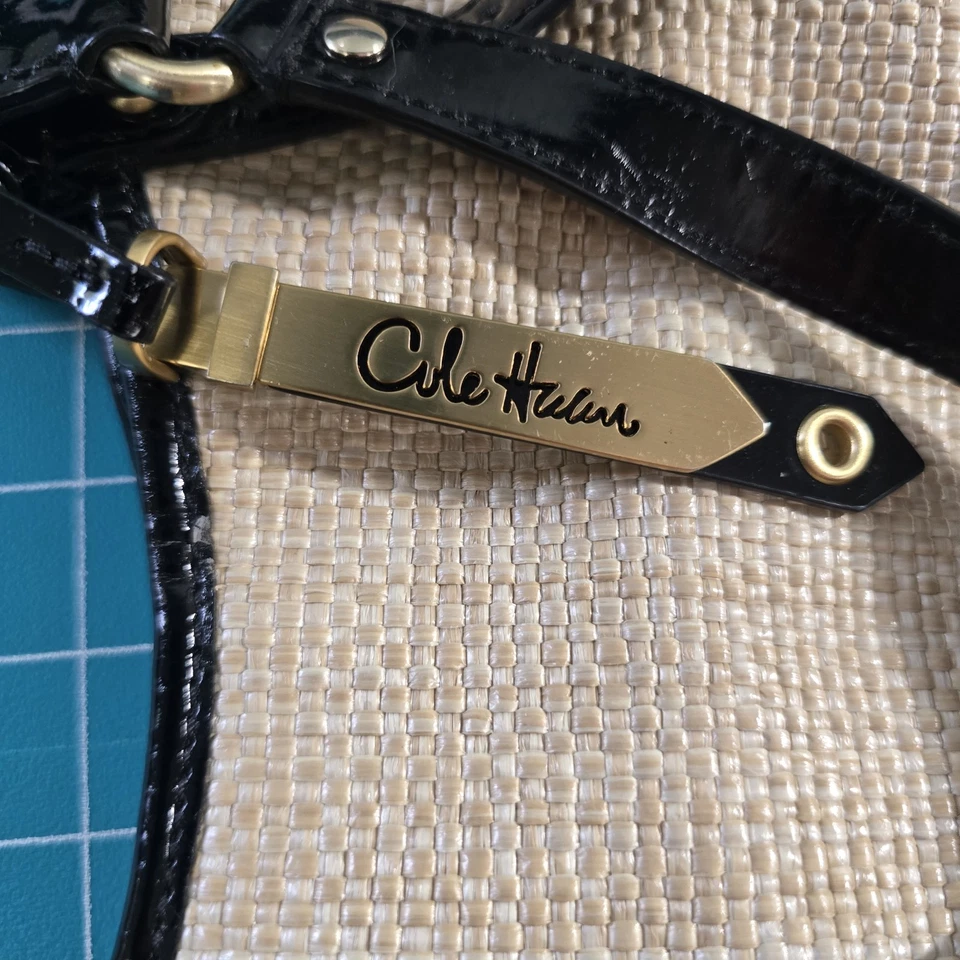 Cole Haan сплетенный соломы сумка с короткими ручками черный лакированная кожа отделка большой наплечная сумочка - Изображение 2 из 4