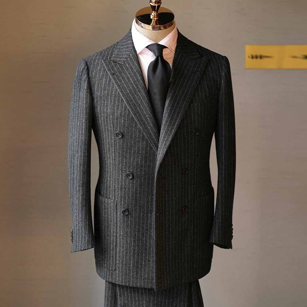Formal Men Suit Pinstriped Wool Double Breasted Business Party Men Tuxedos
