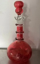 Vntg Crackle Glass Decanter & Stopper Flash Cranberry BLENKO RAINBOW FREE SHIP