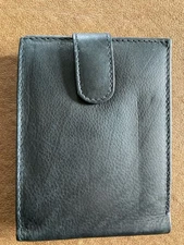 Black Leather Trifold Wallet Zipper Pocket, Photo ID Windows, Snap Closure NEW