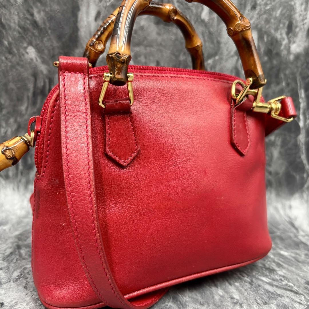 Gucci Authentic Red Leather Bamboo 2Way Shoulder Bag Pre-Owned