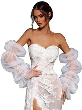 White Long Wedding Gloves Lace Sheer Stretchy Puffy Sleeves Fingerless Ruffled
