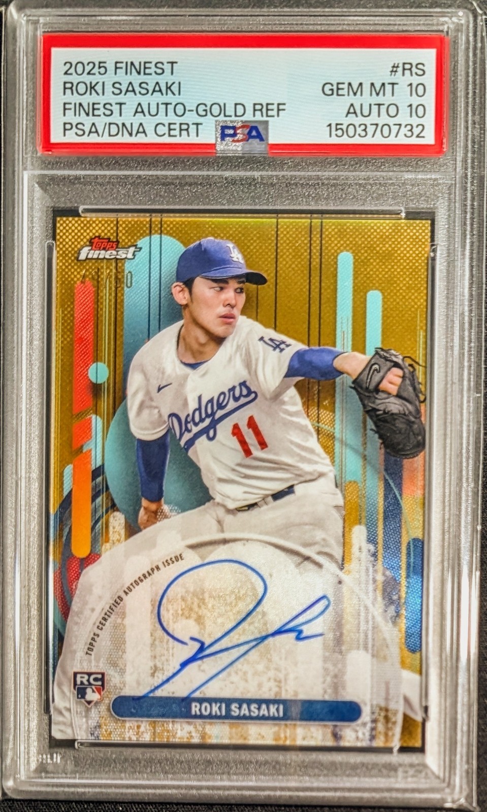 2025 TOPPS FINEST AUTO GOLD REFRACTOR /50 ROKI SASAKI ROOKIE RC PSA 10/10 GEM MT
