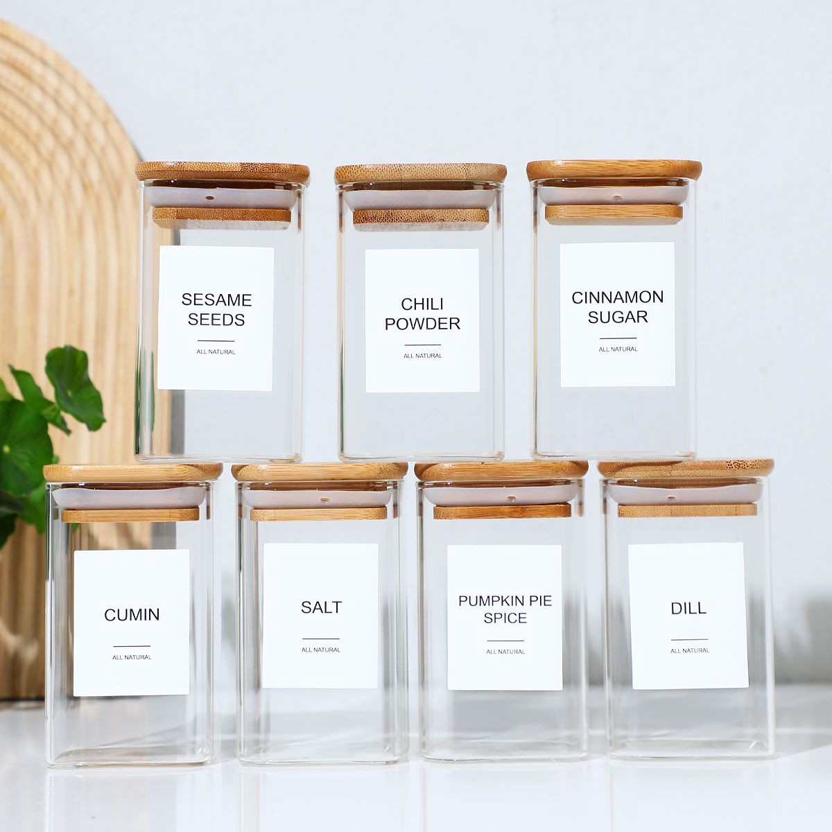 24 Glass Spice Jars 8 Oz Square Empty Seasoning Container Bamboo Lid + Labels