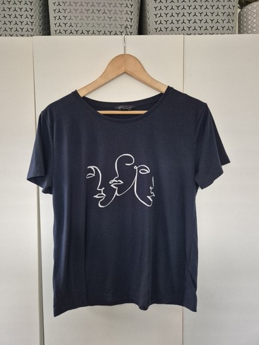 M&S Collection Women's Navy Blue T-Shirt - Size 10 - Abstract Faces Graphic