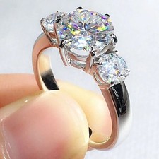 4CT Round-Cut Moissanite Solitaire 3Stone Engagement Ring 14K White Gold Plated