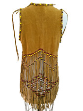 Brown Suede Beaded Fringed Vest BOHO Mod Hippie Costume Vtg Retro Western S