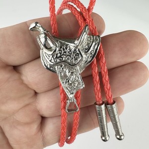 Stunning Vintage 90s Chrome Silver Tone Horse Saddle Western Bolo Tie