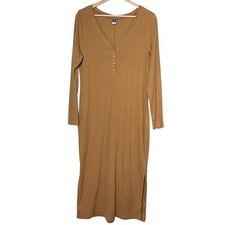 Old Navy Fitted Long-Sleeve Rib-Knit Henley Midi Dress Size XL Tan Stretch Beach