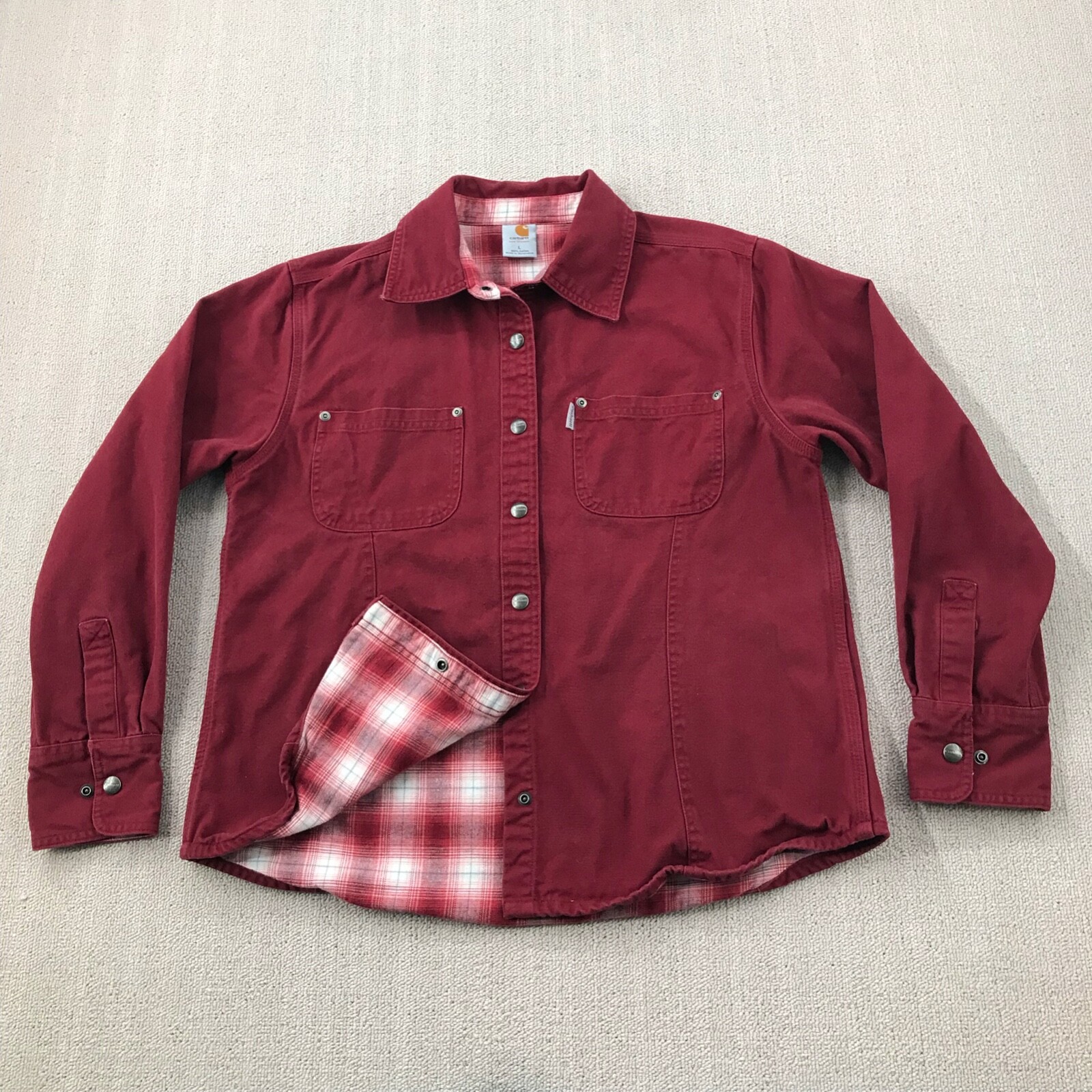 Carhartt Shirt Jacket Womens Large Red Plaid Flannel Lined Snap Button  Shacket | eBay