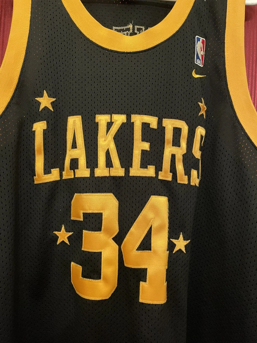 Nike Los Angeles Lakers Shaquille O’Neal Jersey Sewn Black Yellow Mens 2XL  S4