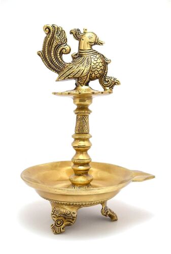 Handmade brass peacock design oil diya with base lamp 15.2x12.7x22.9cm-