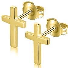 925 Sterling Silver Gold Small Cross Stud Earrings For Men, Women, and Children