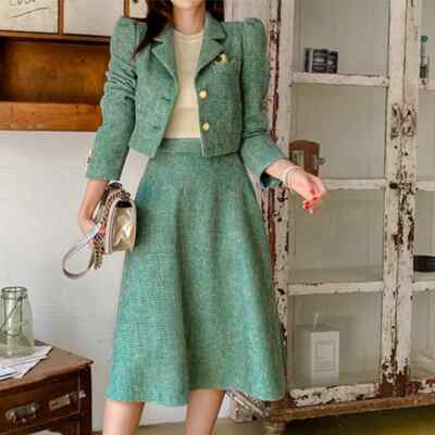 Women Office Outfit Lady Single Short Blazer Coat Suit Jacket Skirt