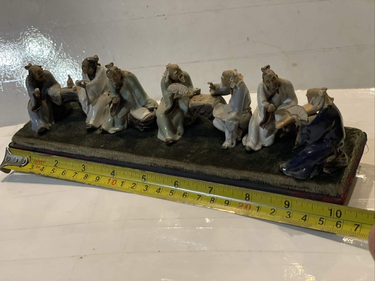 老人置物 Set of 7 Antique 1920s Chinese Hand-Painted Mud Figures Seated