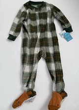 Carter  s Green Fleece Plaid 2 Way Zipper Footed Pajama Jumpsuit 12 Months NEW