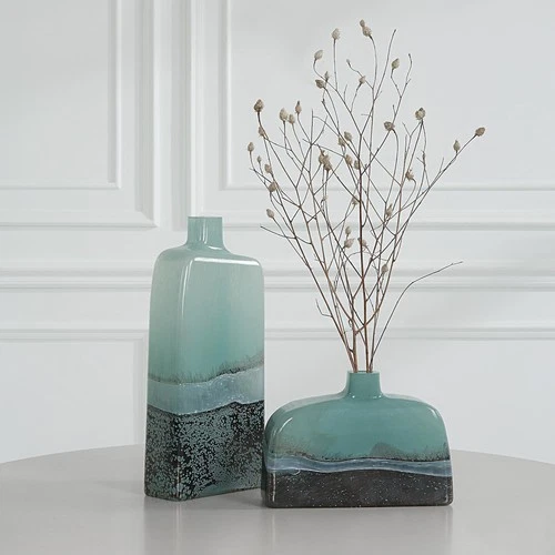 Uttermost 18096 Fuze 14-1/4" Tall Glass Vase - Set of 2 - Aqua / Bronze - Picture 5 of 5