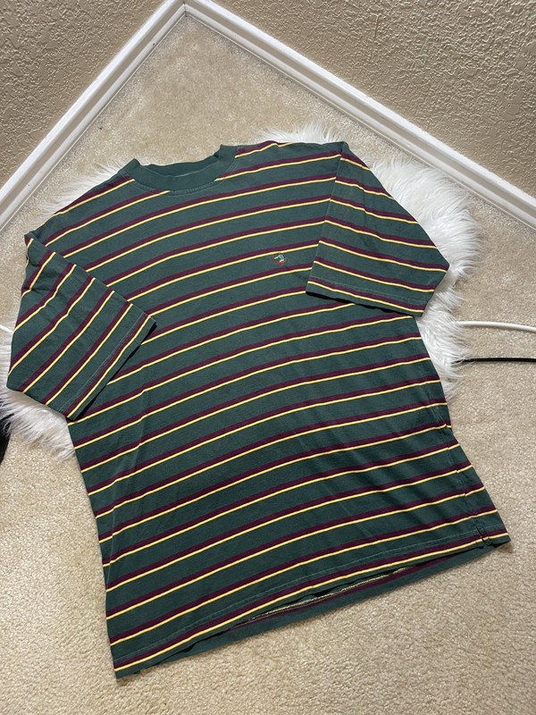 VTG Duck Head Men's Striped Cotton T-Shirt Green Yellow Maroon Logo Crew Neck L