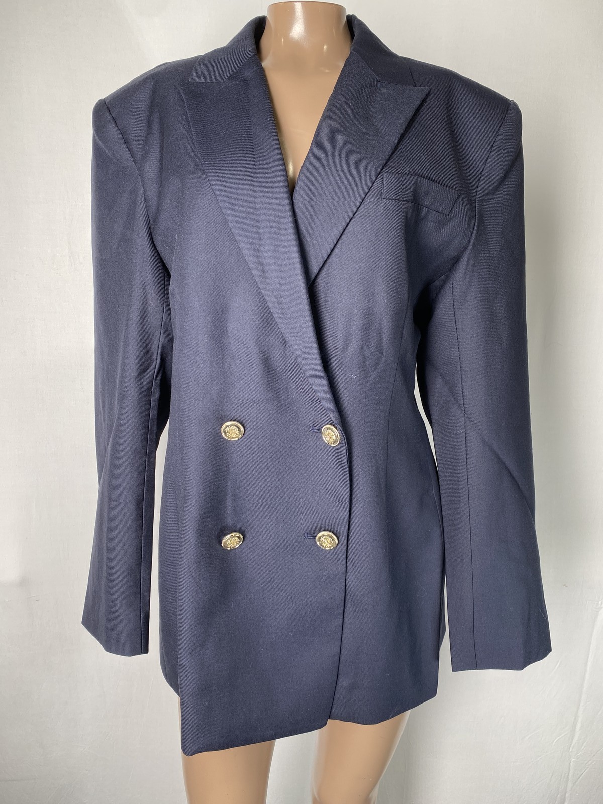 Ronny Kobo Women Blazer Jacket Navy Blue Size L Kylar Double Breasted Wool Blend