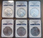 Lot/6 12(S),(W),13(W),14,14(W),18(W) American Silver Eagle NGC MS69 Blue Label