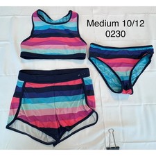 Lands' End Girls 3 Piece Swimsuit Set Striped Bikini and Shorts Pink Blue 10/12