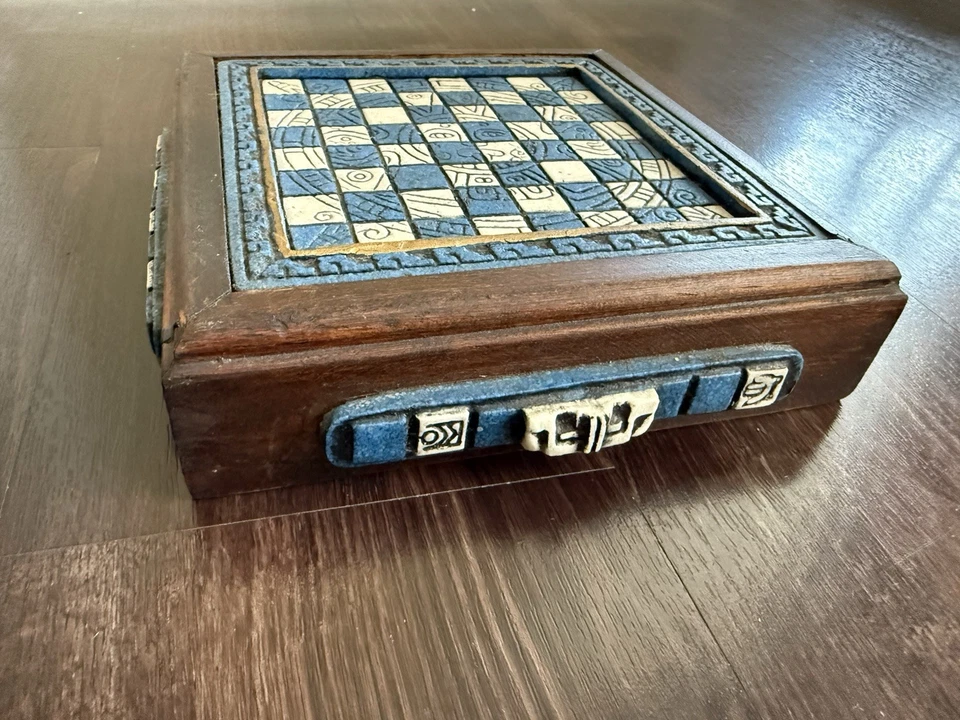 Vintage Mini Mayan Aztec Chess Set Blue & White 8x8 inches Not Complete READ - Image 2 of 4